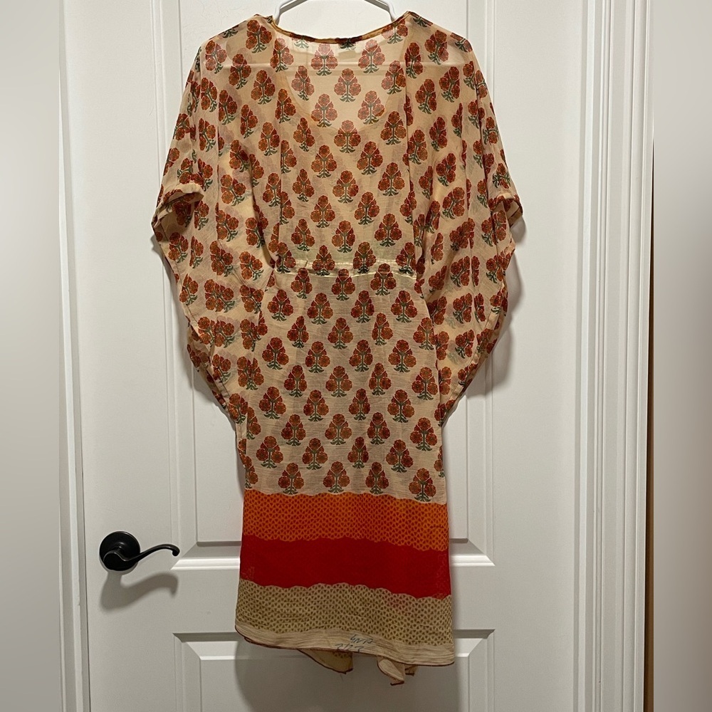Chic Kaftan O/S 7 Islands Orange Red Cream Swim Beach Cover Up Dress Cinch Waist - Picture 7 of 9